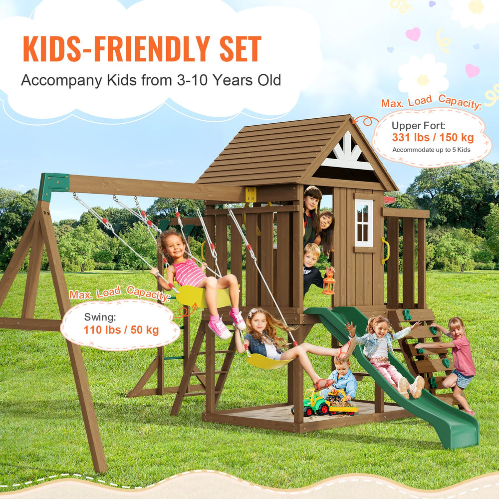Vevor Wooden Swing Set 10-in-1 with Slide Fort Rock Wall and Sandbox New