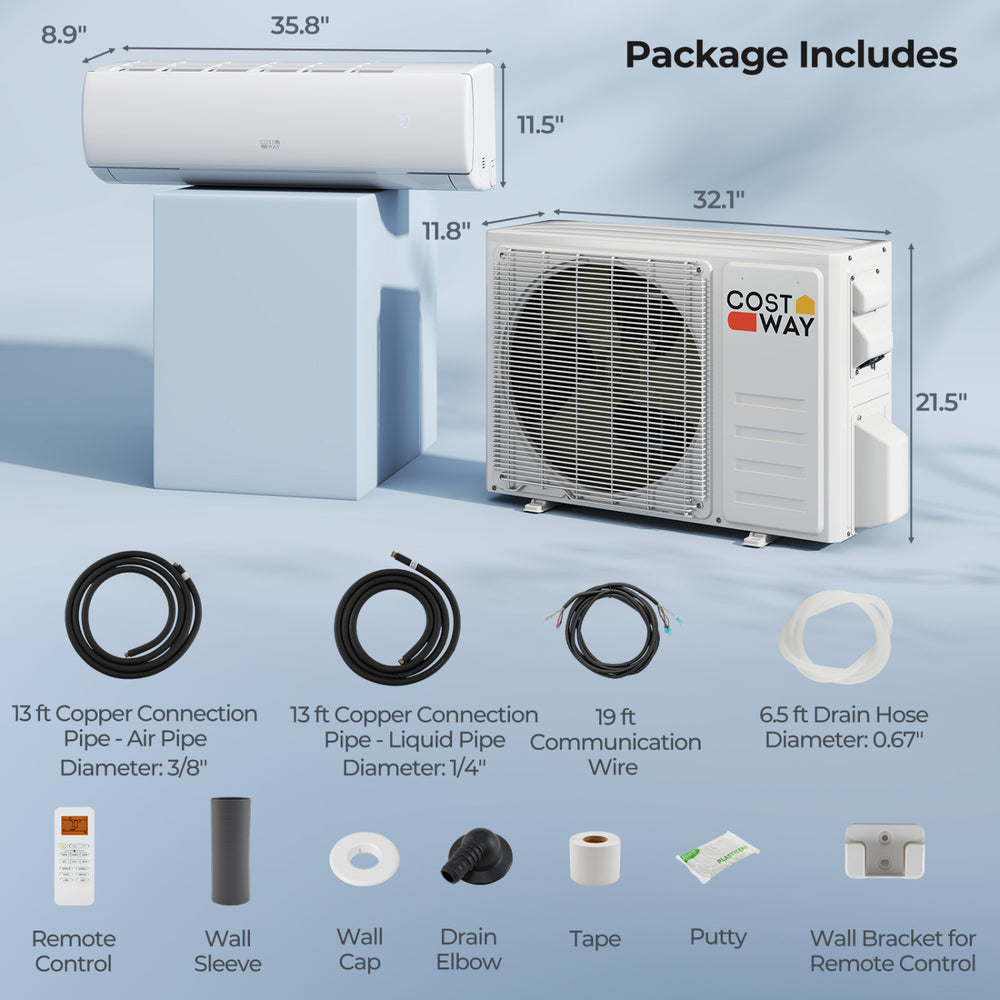 EchoCool Series 17000 BTU mini split air conditioner and heater pump system with remote control and installation.