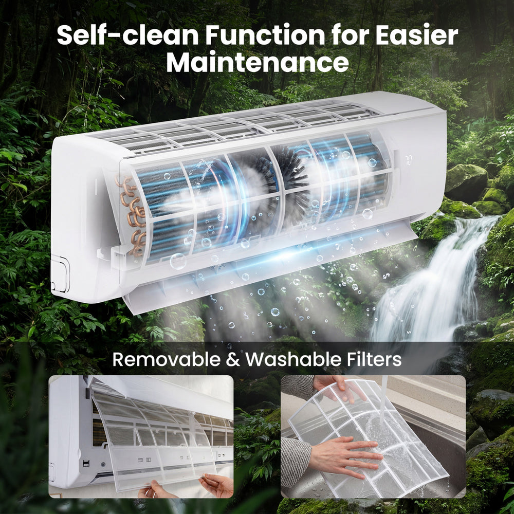 Self-cleaning mini split air conditioner with removable filters, ideal for efficient maintenance and consistent comfort.