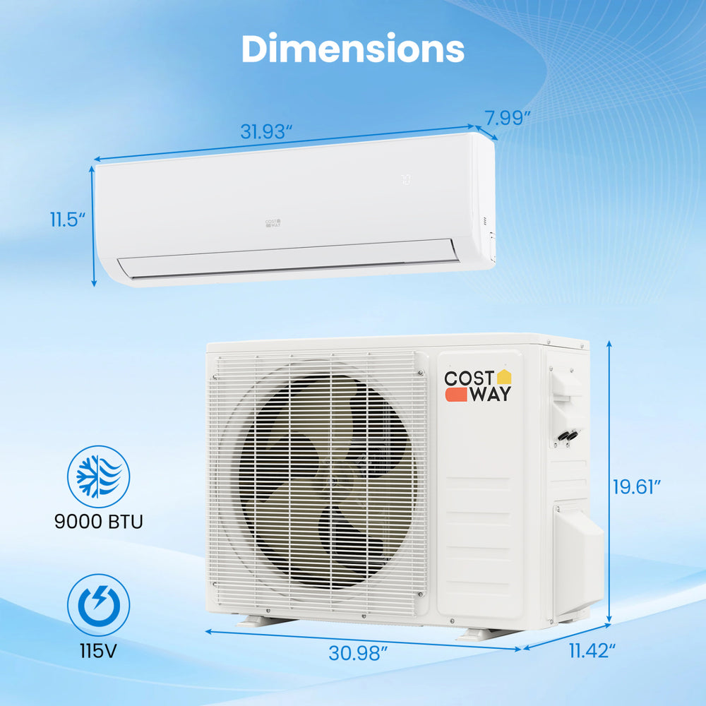 EcoGuard Series 9000 BTU mini split air conditioner and heater with dimensions, designed for efficient cooling and.