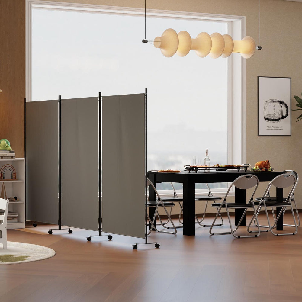 Rolling room divider in a modern dining area, enhancing privacy and space efficiency for compact living.
