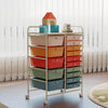 Colorful rolling cart with multiple storage bins, ideal for organizing items in compact living spaces.