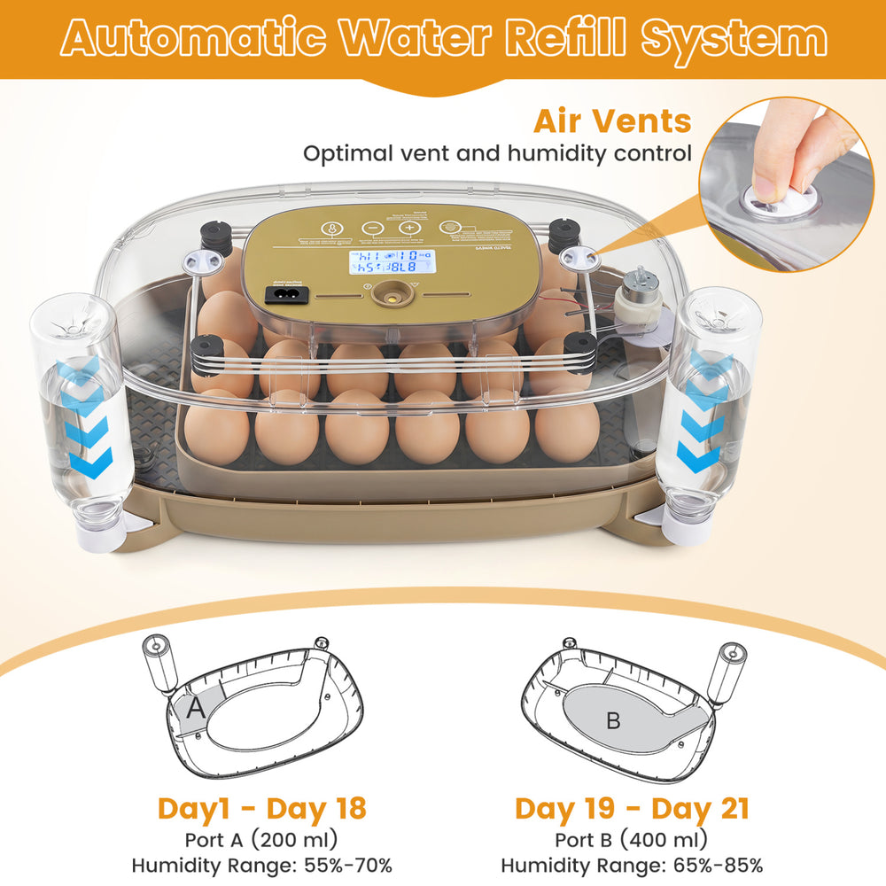Egg incubator with automatic water refill system, holding 21 chicken eggs for optimal temperature and humidity control.