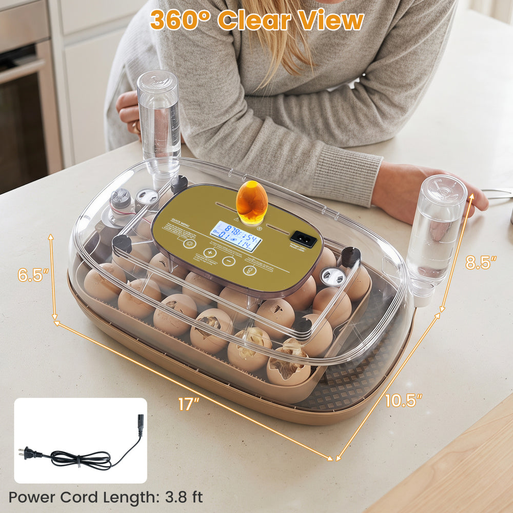 Egg incubator with temperature and humidity control holds 21 chicken eggs, featuring a 360° clear view for monitoring.