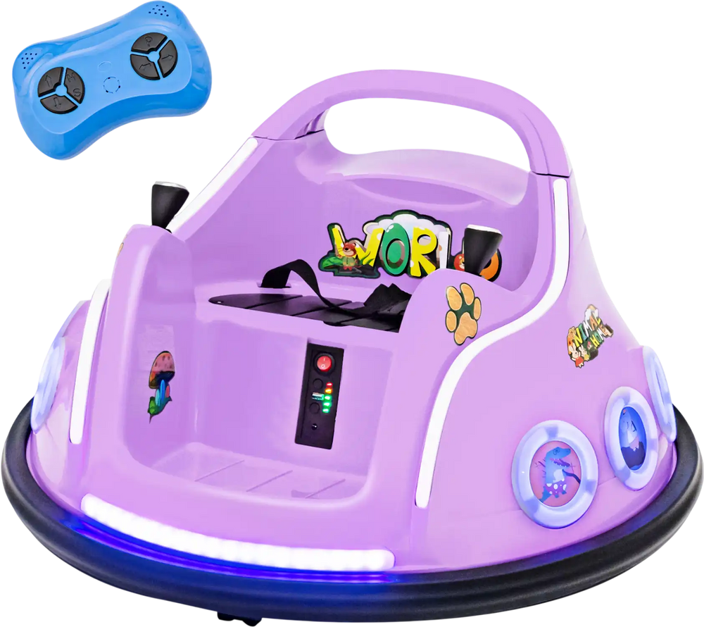 Purple 12V electric ride-on car with remote control, LED lights, and cartoon design for fun playtime adventures.