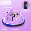 Purple 12V electric ride-on car with dual joysticks, flashing LED lights, and safety belt for fun and safe playtime.
