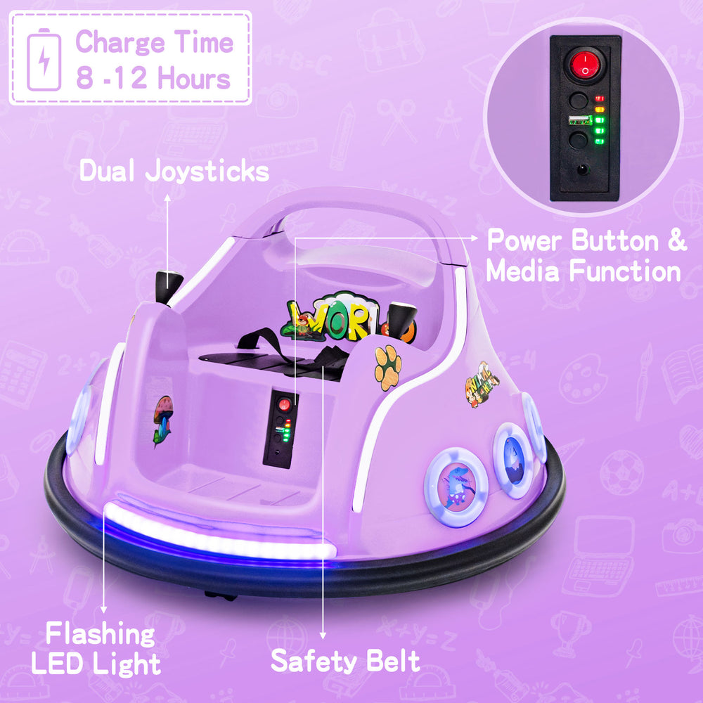 Purple 12V electric ride-on car with dual joysticks, flashing LED lights, and safety belt for fun and safe playtime.