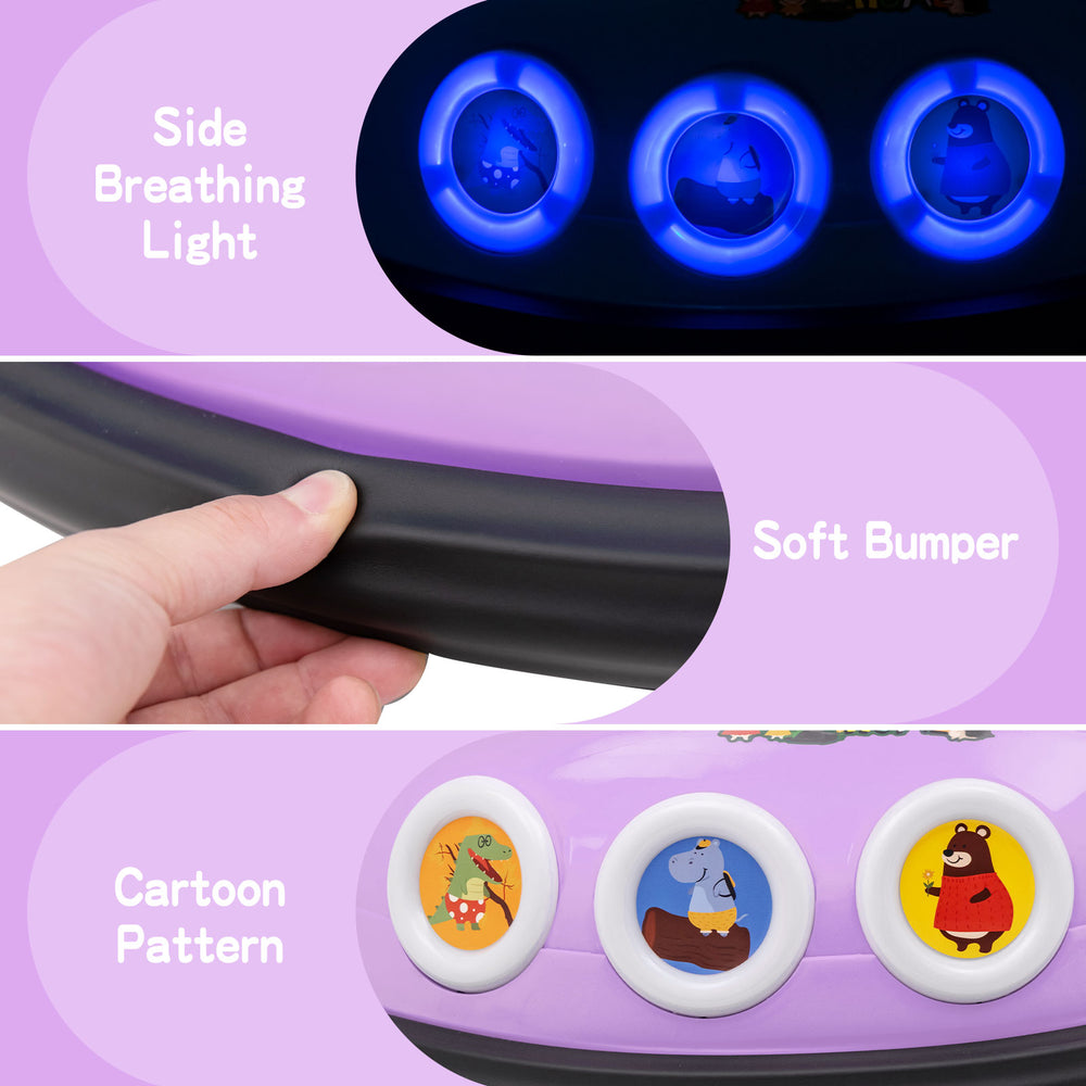 Side view of the purple 12V electric ride-on car showing soft bumper, cartoon pattern, and LED lights for fun playtime.
