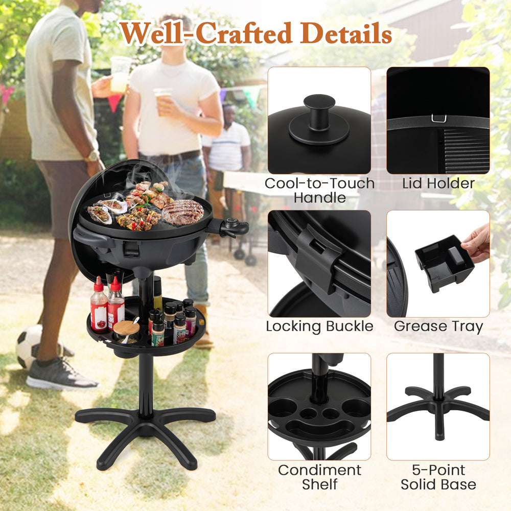 Electric BBQ grill with double-zone non-stick grilling plate, cool-to-touch handle, and removable stand for.