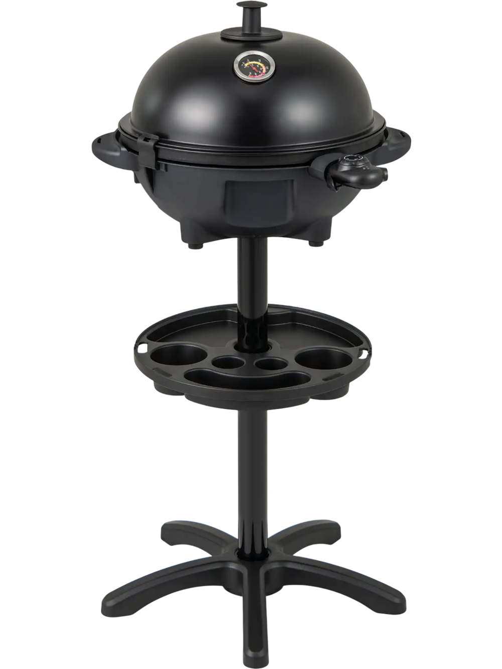 Electric BBQ grill with removable stand, 1200W power, and non-stick grilling plate for indoor and outdoor cooking.