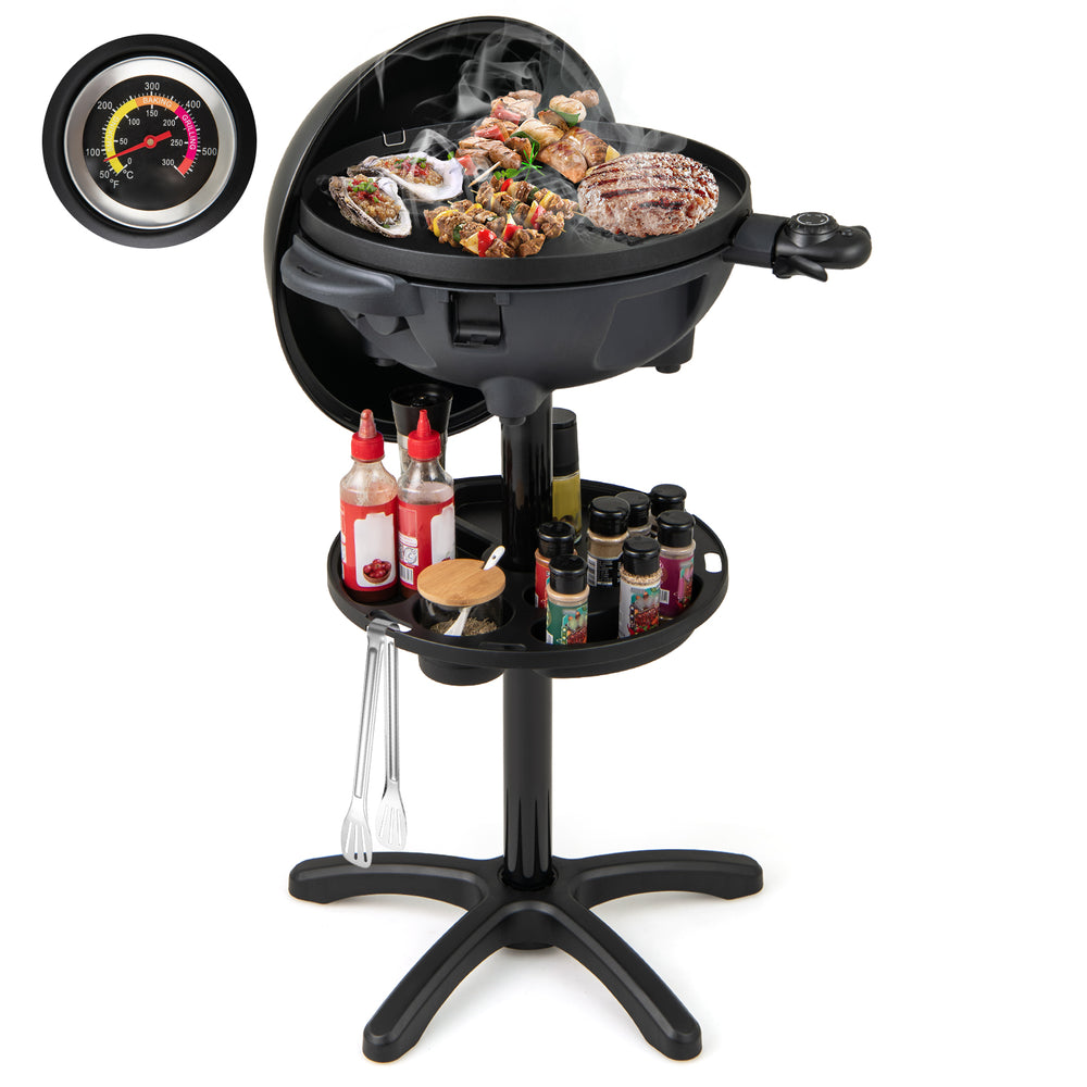 Electric BBQ grill with 1200W power, double-zone non-stick grilling surface, and built-in thermometer for precise.