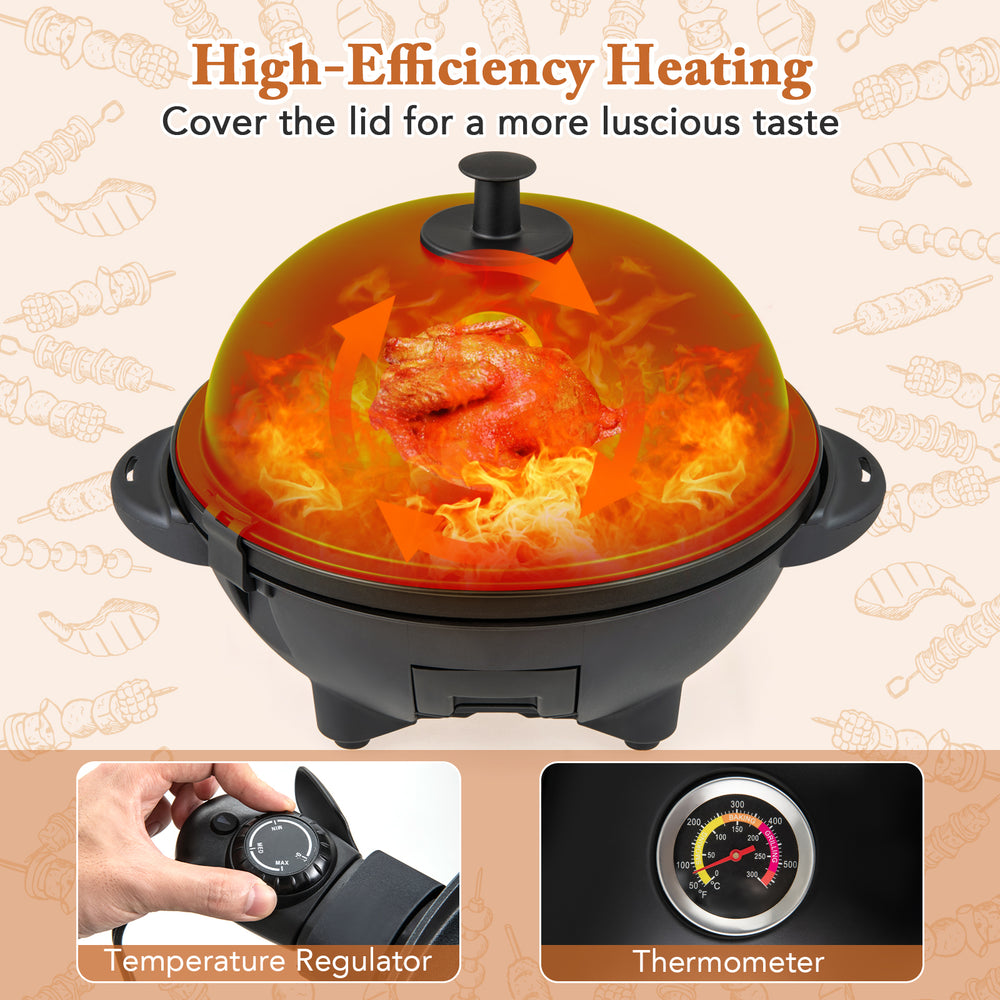 Electric BBQ grill with a 205 sq.in non-stick grilling plate, featuring a built-in thermometer for precise cooking.