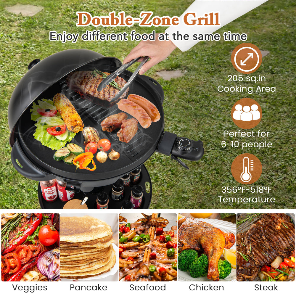 Double-zone electric BBQ grill with non-stick surface, 205 sq.in cooking area, perfect for indoor and outdoor use.