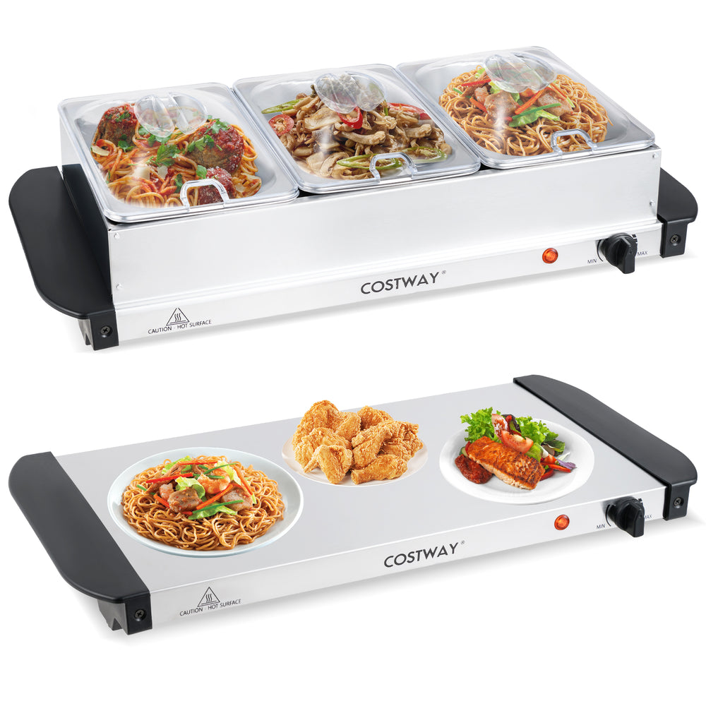 Electric buffet server with three removable trays, stainless steel design, ideal for parties and catering.
