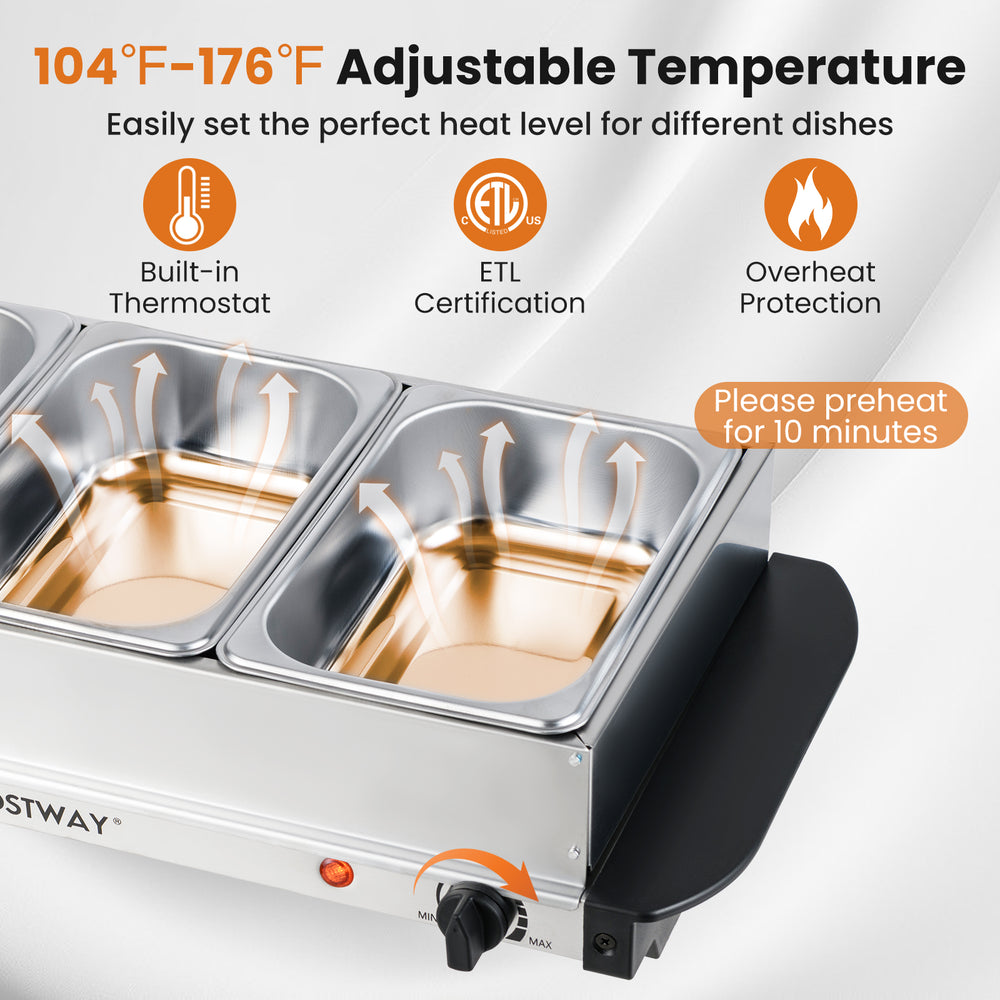 Electric buffet server with adjustable temperature, 3 removable stainless steel trays, and see-through lids for easy.