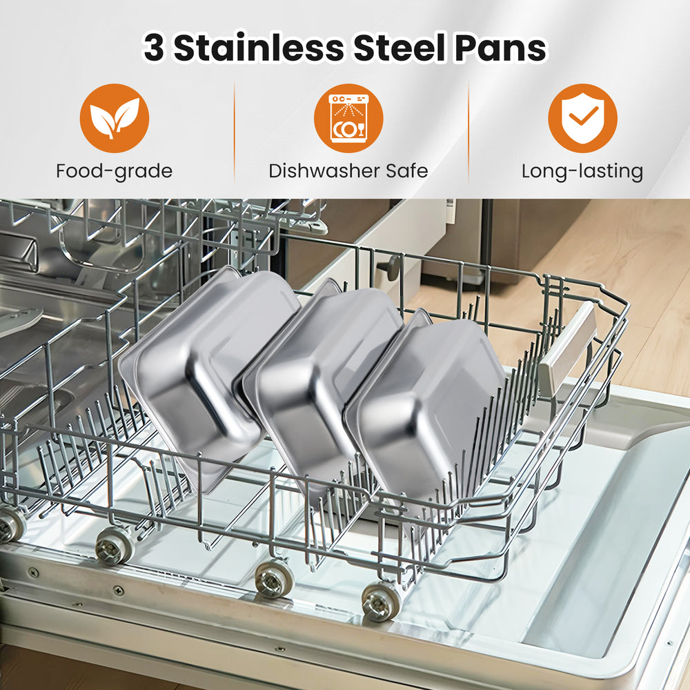 Three removable food-grade stainless steel pans in a dishwasher, designed for the Electric Buffet Server Food Warmer.