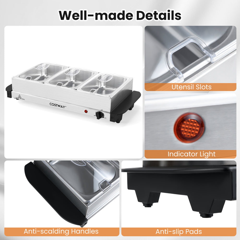 Electric buffet server food warmer with 3 removable trays, stainless steel, anti-scalding handles, ideal for catering.