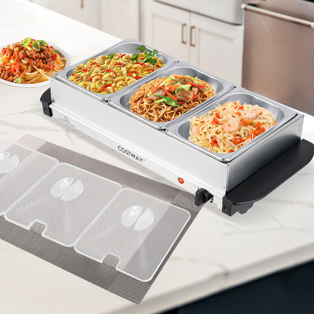 Electric buffet server with three removable trays, food-grade stainless steel, ideal for parties and catering.