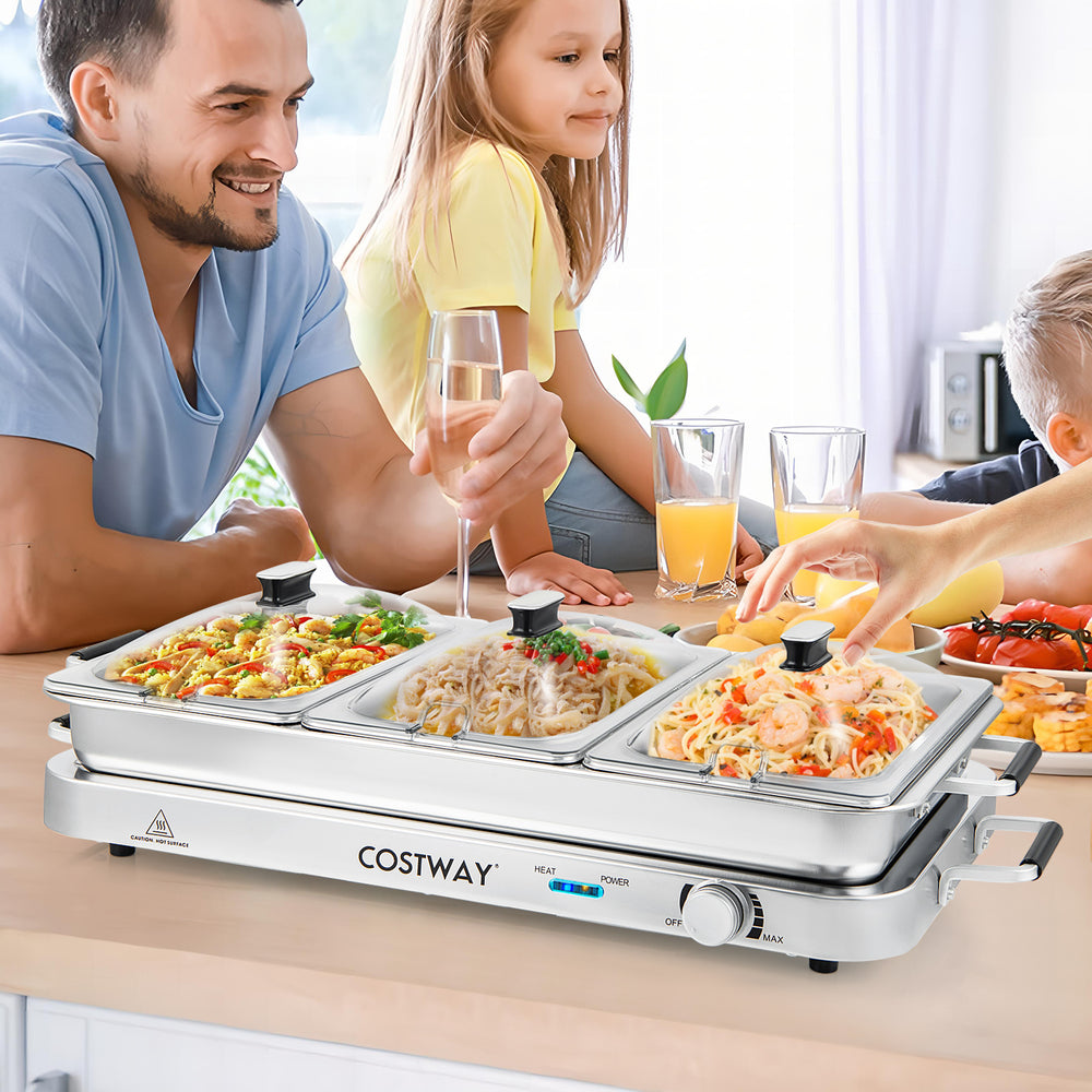 Electric warming tray with three 8 qt serving trays, stainless steel design, perfect for keeping food warm at.