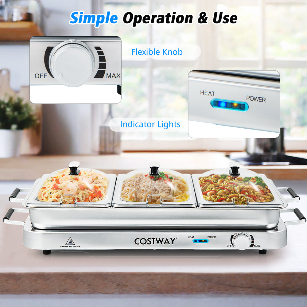 Electric warming tray with three 8 qt serving trays, stainless steel design, and temperature control for efficient food.