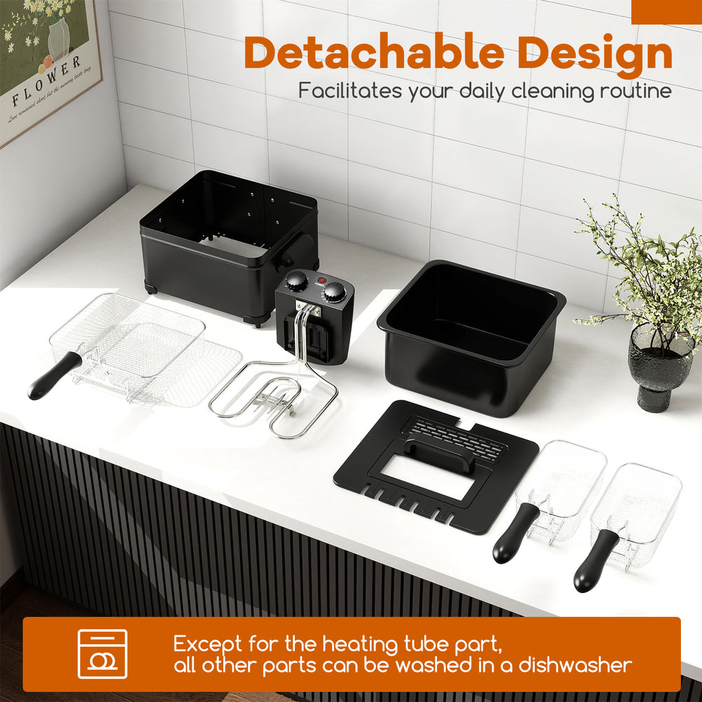 Electric deep fryer with detachable parts, 5.3QT capacity, triple baskets, and stainless steel design for easy cleaning.