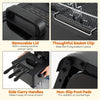 Electric deep fryer with removable lid, triple baskets, and side carry handles for easy frying and stability.