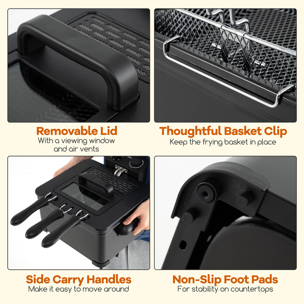 Electric deep fryer with removable lid, triple baskets, and side carry handles for easy frying and stability.