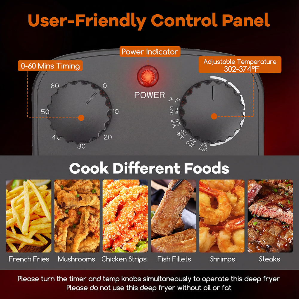 User-friendly control panel of the 5.3QT stainless steel electric deep fryer with adjustable temperature and timer.