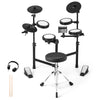 Foldable electric drum set with double-layer mesh pads, 150 timbres, and included headphones for silent practice.