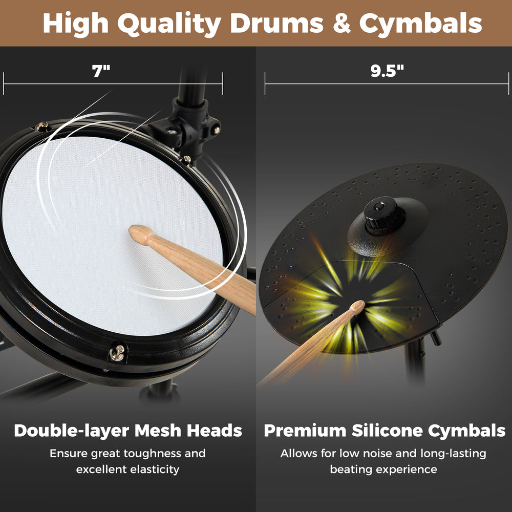 Close-up of double-layer mesh drum pad and premium silicone cymbal for the foldable electric drum set.