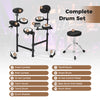 Electric drum set with double-layer mesh pads, silicone cymbals, and adjustable stool for beginner drummers.