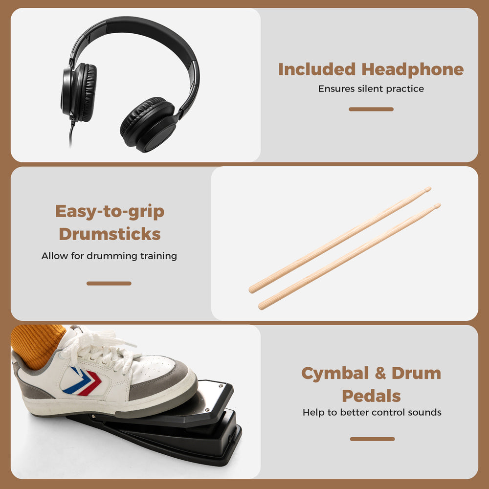 Included headphone for silent practice, easy-to-grip drumsticks, and cymbal pedals for enhanced control in drumming.