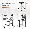 Foldable electric drum set with adjustable stool, featuring double-layer mesh pads and USB MIDI for versatile practice.