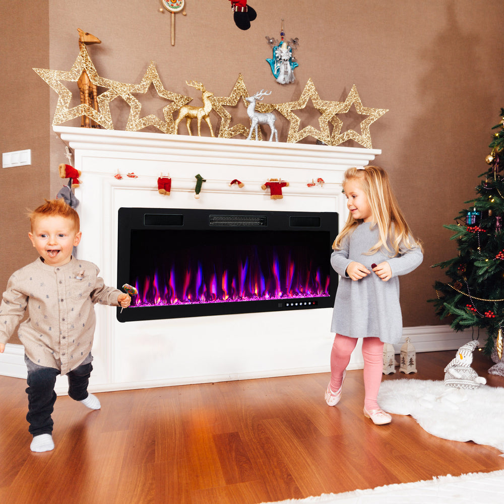Electric fireplace with adjustable flame colors and brightness, wall-mounted for cozy winter ambiance in any room.
