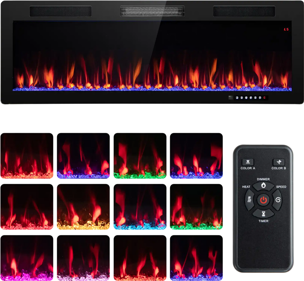 Electric fireplace with adjustable flame colors, remote control, and 750W/1500W heat settings for wall-mounted.