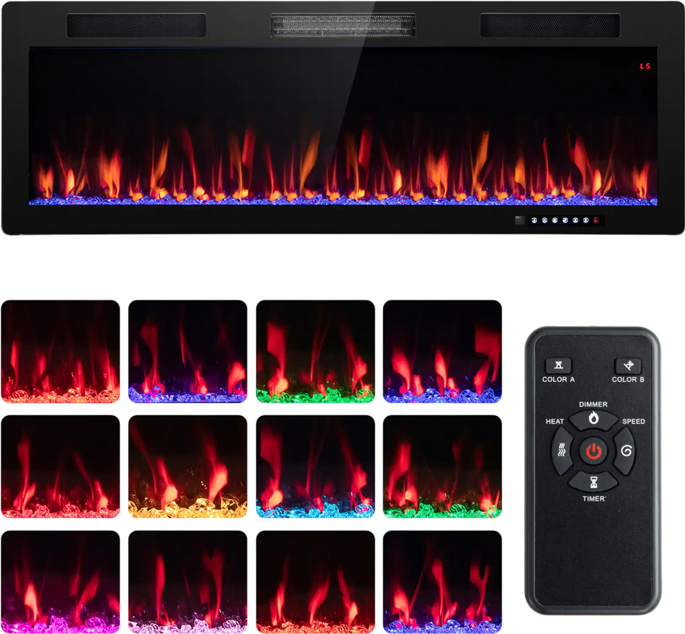 Electric fireplace with adjustable flame colors, remote control, and 750W/1500W heat settings for wall-mounted.