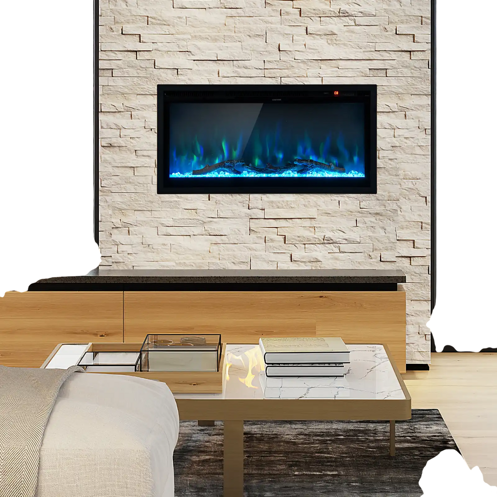 Electric fireplace in-wall recessed design with adjustable color and brightness, perfect for modern living spaces.