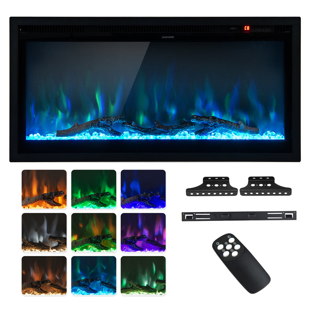 Electric fireplace with remote control, adjustable flame colors, and brightness, ideal for recessed or wall-mounted.