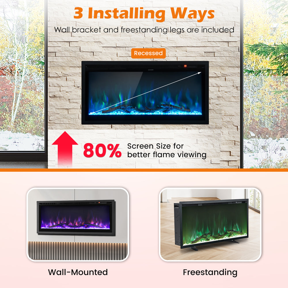 Electric fireplace with adjustable color and brightness, 36 inches, featuring recessed, wall-mounted, and freestanding.