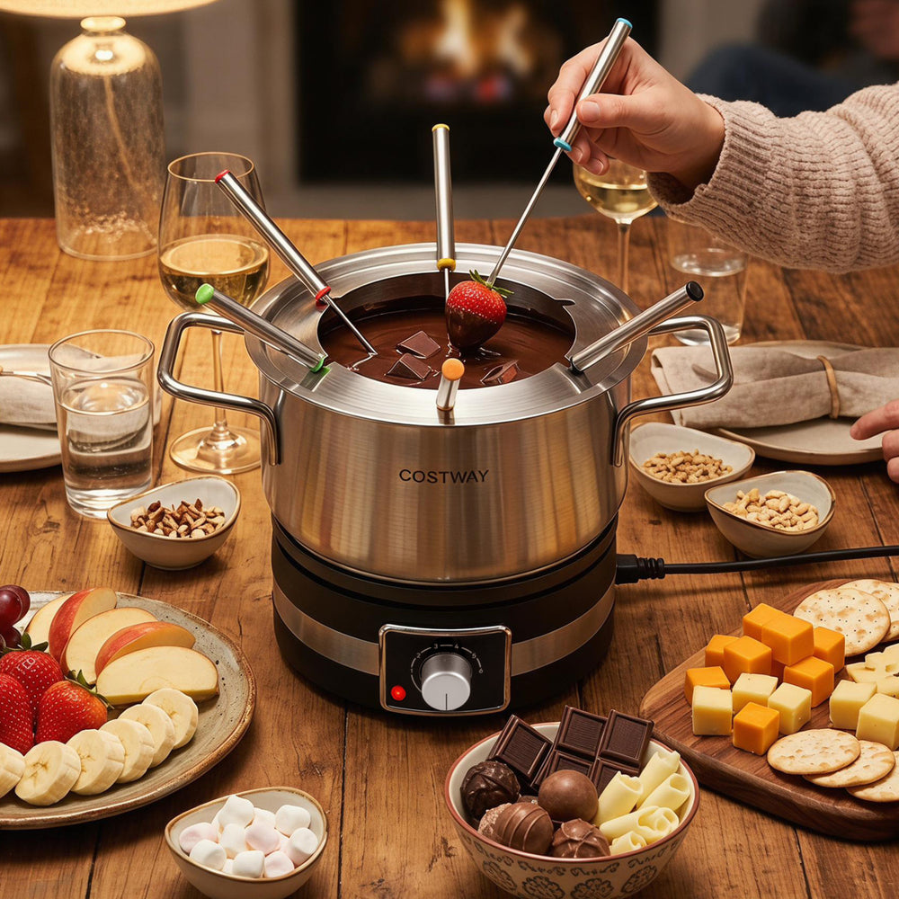 Stainless steel 1200W electric fondue pot with 6 color-coded forks, perfect for parties and easy to use.