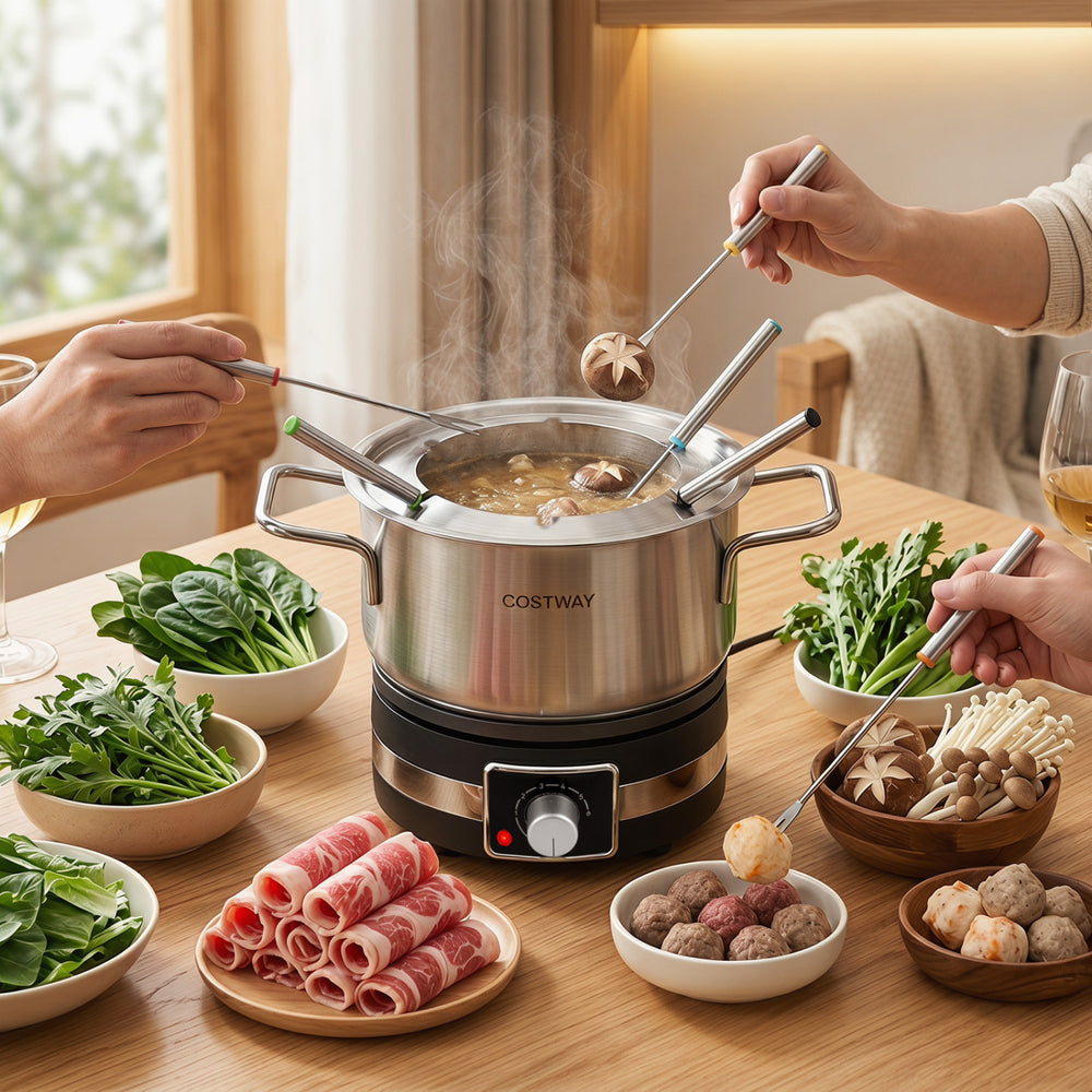 Electric fondue pot set with removable stainless steel pot, 6 forks, and 2.61-quart capacity for gatherings.