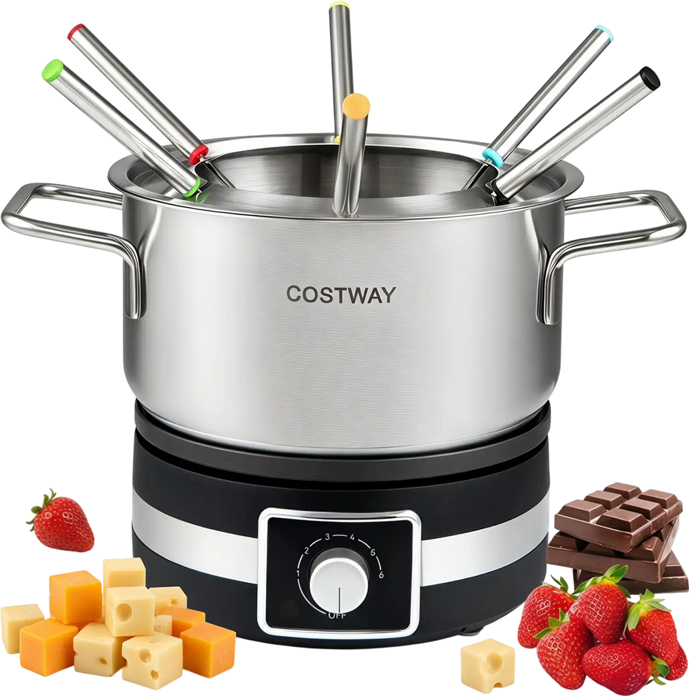 1200W Electric Fondue Pot Set with Removable Stainless Steel Pot and 6 Forks