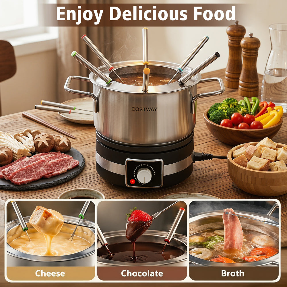 Electric fondue pot set with a removable stainless steel pot, 6 color-coded forks, and 2.61-quart capacity for gatherings.