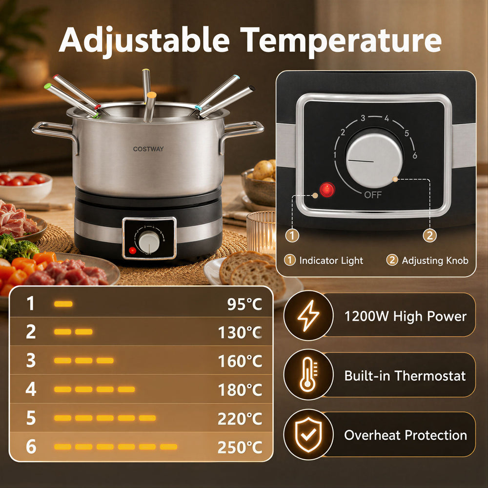 Control knob and indicator light on the 1200W electric fondue pot set ensure easy temperature adjustments for perfect melting.