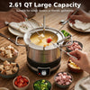 Electric fondue pot set with a 2.61 QT capacity, stainless steel pot, and 6 color-coded forks for gatherings.