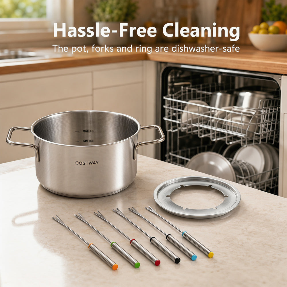 Stainless steel 1200W electric fondue pot set with removable pot, 6 color-coded forks, and dishwasher-safe components.