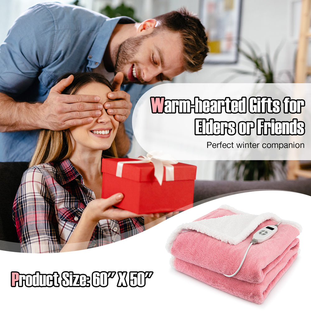Electric heated blanket throw in pink with remote control, featuring 10 heat settings for cozy winter comfort.