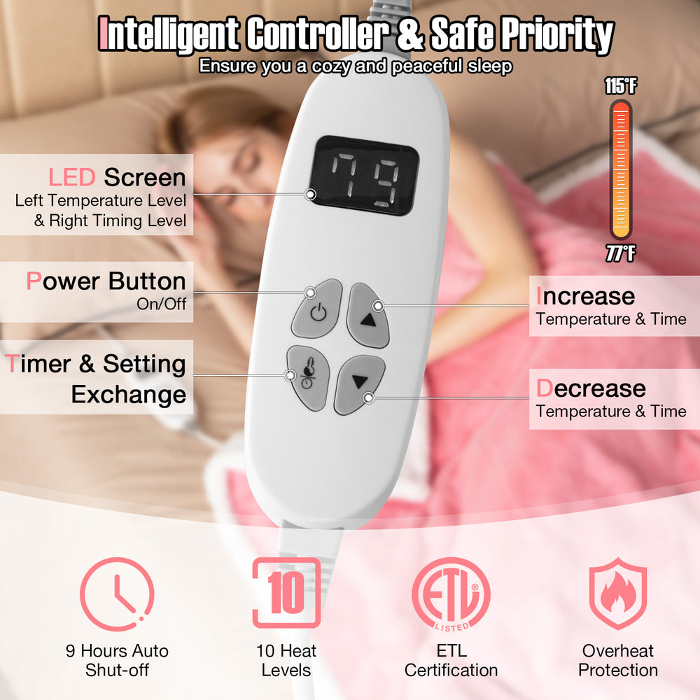 Remote control for the pink electric heated blanket throw featuring a clear LED screen and 10 heat settings for cozy.