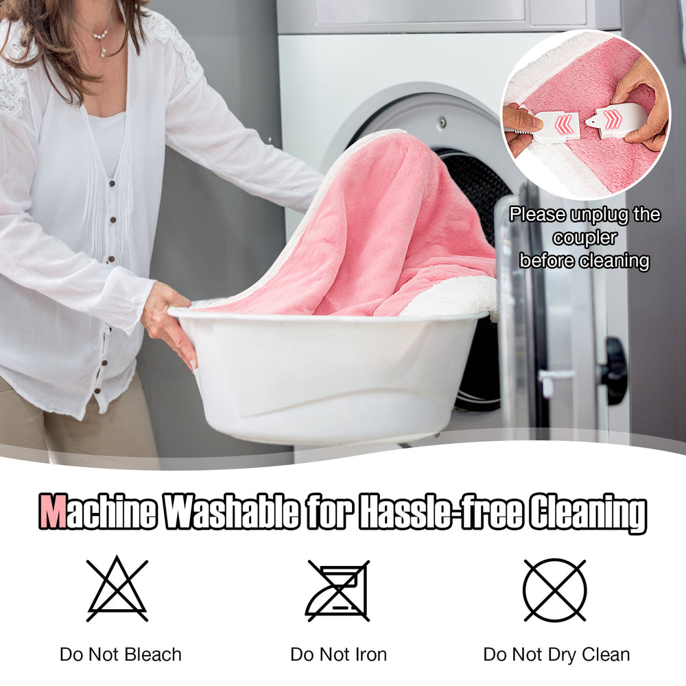 Electric heated blanket throw in pink being placed in a washing machine, featuring machine washable convenience.