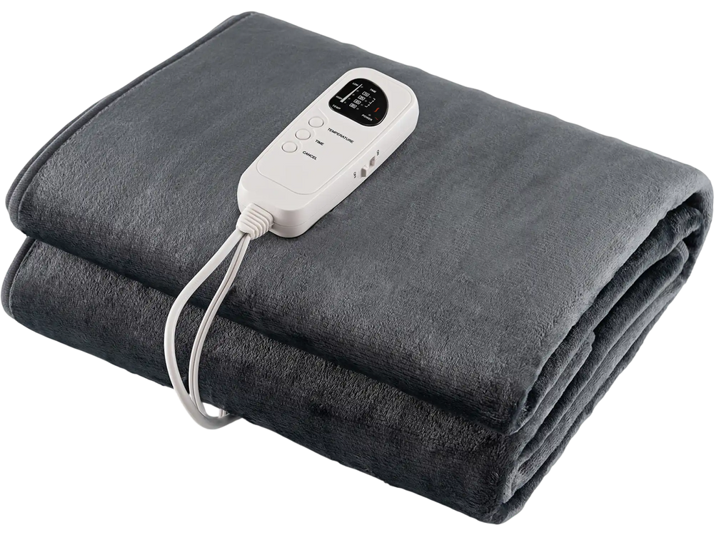 Gray electric heated mattress pad with 5 heating levels, soft flannel, and overheat protection for cozy comfort.